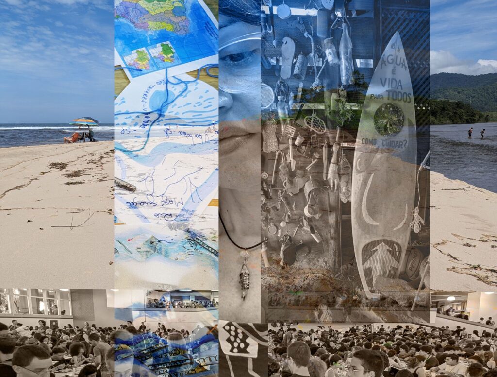 A fotografia de fundo da colagem mostra o mar, a praia e o rio. É a Praia Puruba, em Ubatuba. Sobrepostas e em listras verticais, da esquerda para a direita, estão: uma fotografia da Mesa das Águas com linhas azuis e mapas. Uma fotografia em primer plano de Susana Dias, coordenadora do grupo MultiTÃO, usando um pingente de peixe, na Mesa das Águas. Uma fotografia tirada no Rancho Taoca em Barra Seca, Ubatuba, das obras de Jurandir Rosa, incluindo uma prancha de surf com a inscrição "Água é vida para todos. Como cuidar?". Também sobreposta, uma faixa horizontal abaixo de uma fotografia tirada no restaurante da Unicamp em horário de pico. Predomina o tom sépia, com detalhes em azul e azul-claro.