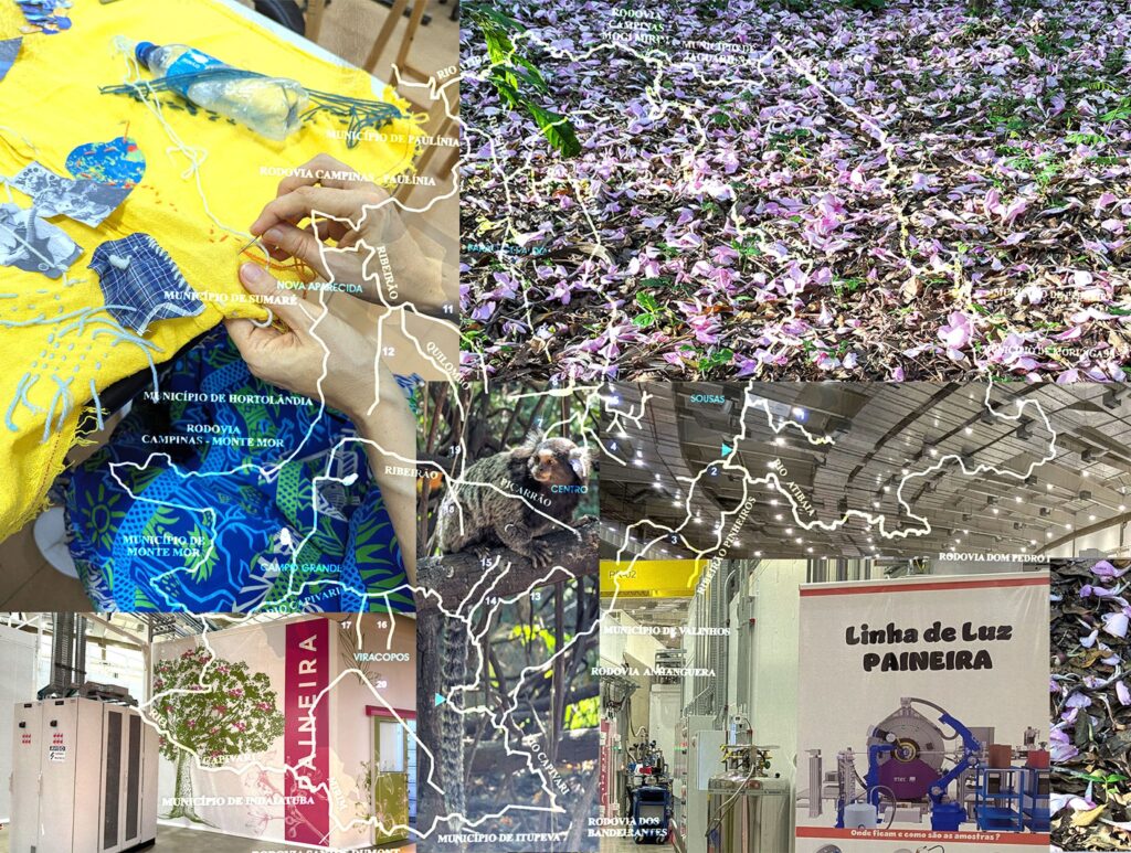 2. As fotografias de fundo da colagem, da esquerda para a direita e de cima para baixo: uma fotografia tirada durante a primeira edição da Mesa das Águas, mostrando os braços de uma mulher bordando linhas azuis em um tecido amarelo. Uma fotografia tirada durante a segunda edição da Mesa das Águas, mostrando flores de paineira no chão à beira do Ribeirão das Pedras, em Campinas. Uma fotografia de um macaco a poucos metros da anterior. Fotografias tiradas dentro do Sirius, em um dos laboratórios, o da linha de luz Paineira. Sobreposta à fotografia está uma fotografia de um mapa das bacias hidrográficas da região de Campinas, em linhas brancas. O amarelo, o azul e o rosa da paineira predominam.
